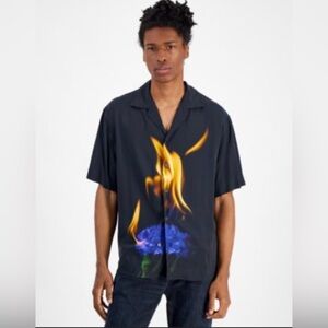 NWT-Hugo Boss Men's Espino  Short Sleeve Button Down Shirt Black Sz L Viscose